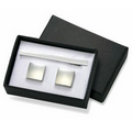 Shiny Silver Square Metal Cufflinks w/ Matching Tie Clip